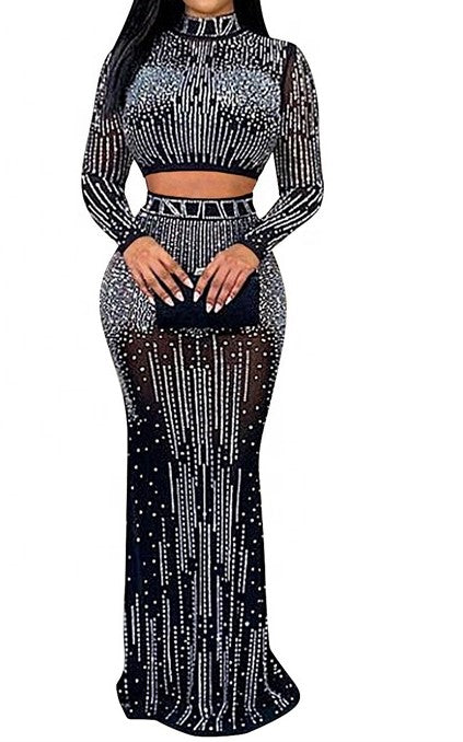 2-Piece Long Sleeve See-Through Maxi Dress