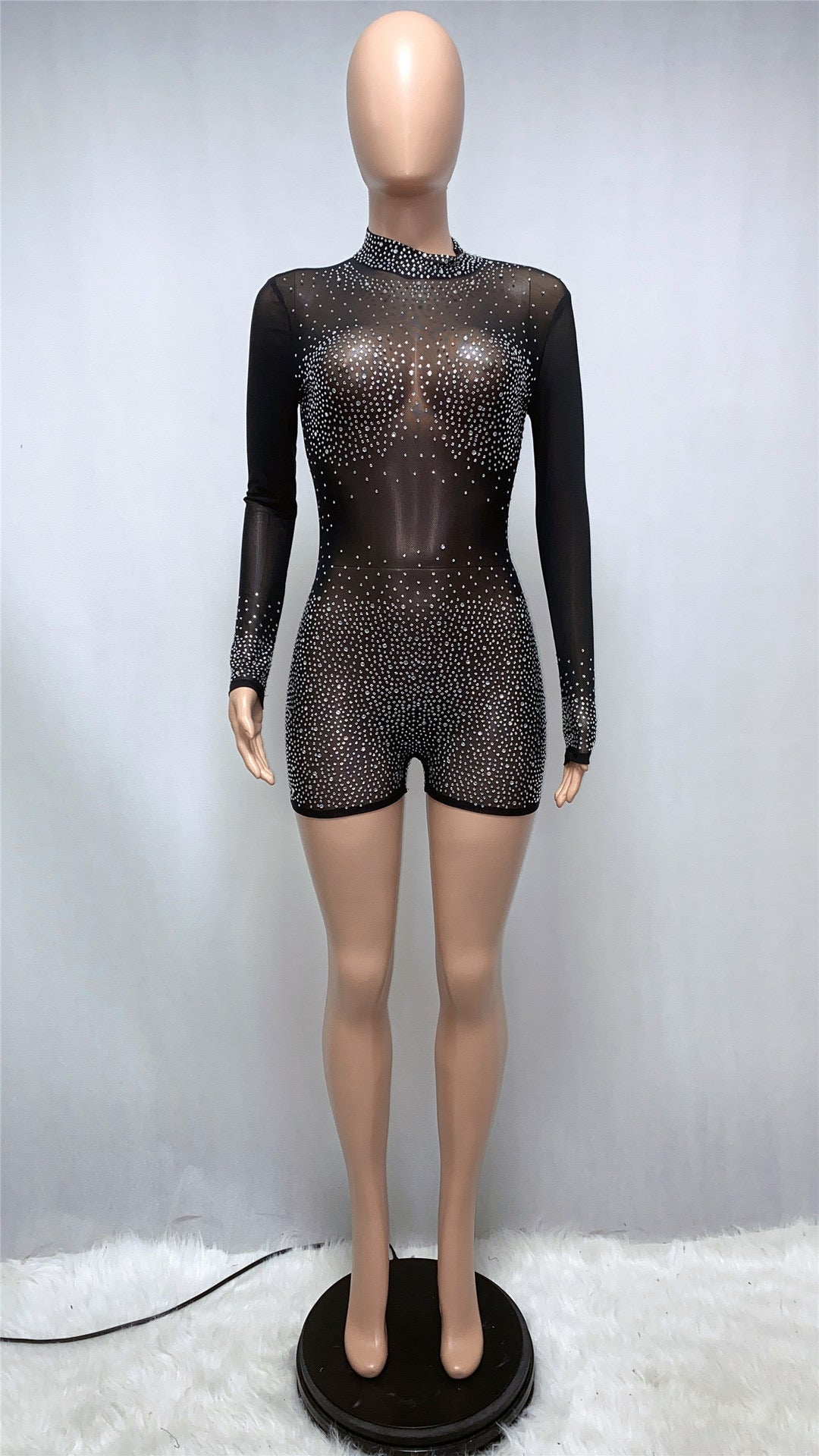 Sheer Mesh Diamond Accent Bodycon Shorts Romper