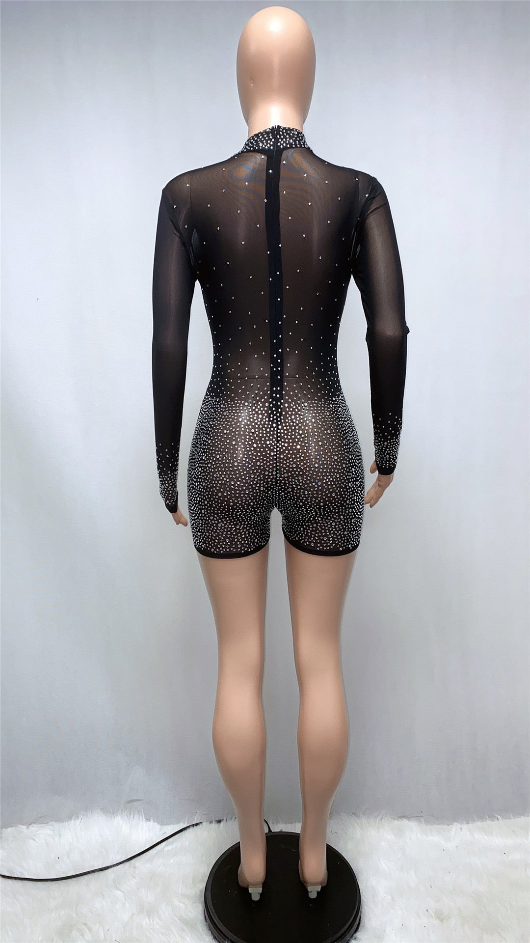 Sheer Mesh Diamond Accent Bodycon Shorts Romper