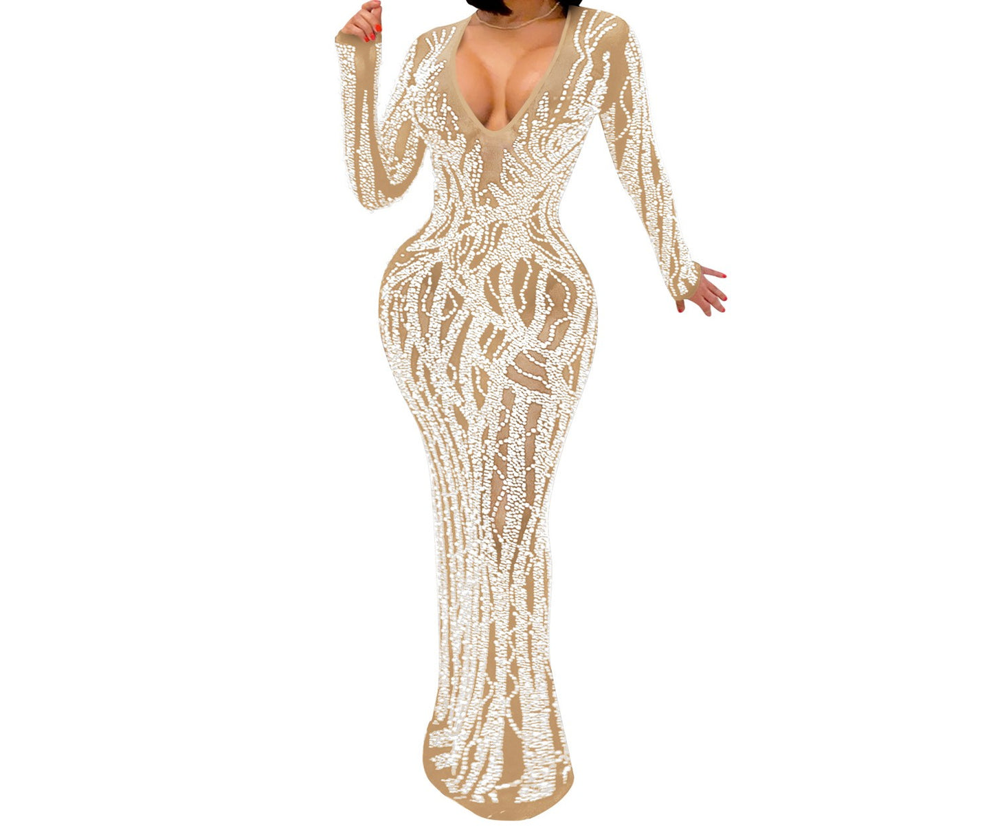 V-neck Rhinestone Embellished Maxi Dress