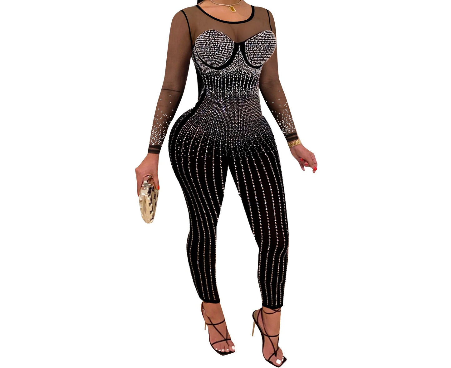 Bodycon See Through Diamond Accent Pants Romper